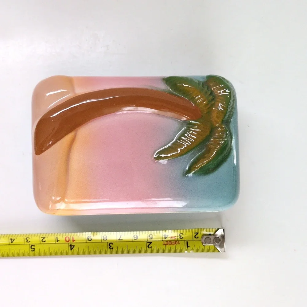 Vtg 80s Tropical Palm Tree Trinket Box Jewelry Lidded Ceramic Sunset Beach Small